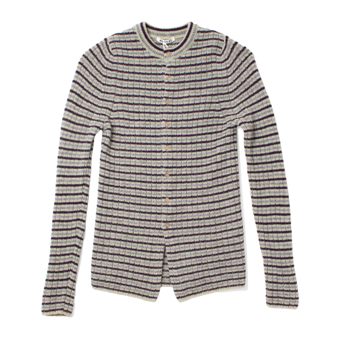 Auralee Shetland Wool Cashmere Cardigan in Lime Purple Stripe