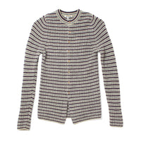 Auralee Shetland Wool Cashmere Cardigan in Lime Purple Stripe