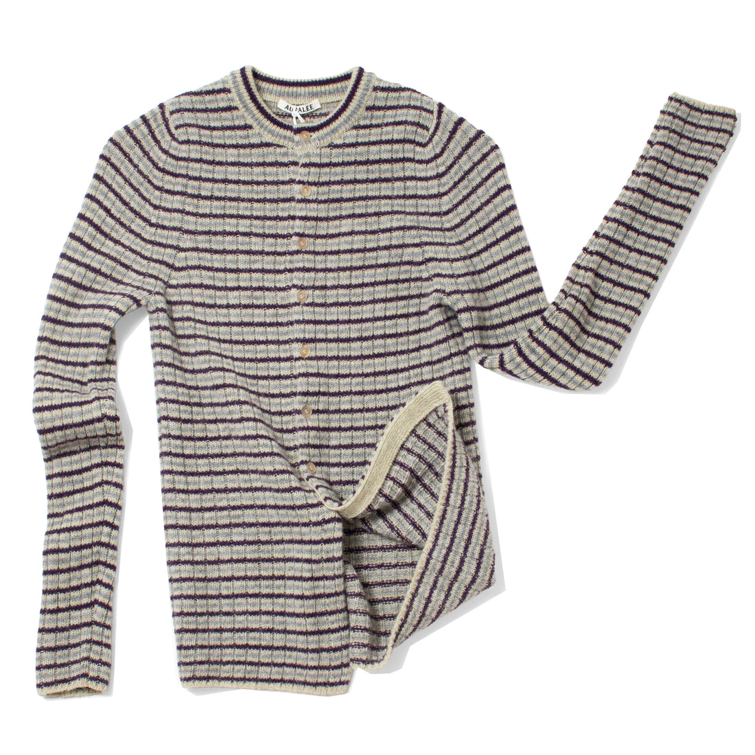 Auralee Shetland Wool Cashmere Cardigan in Lime Purple Stripe