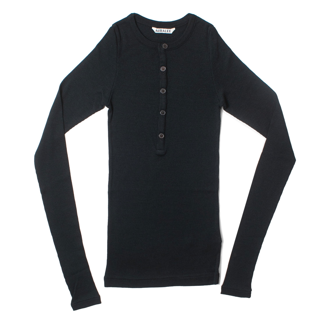Auralee Wool Silk Soft Rib Henley in Black