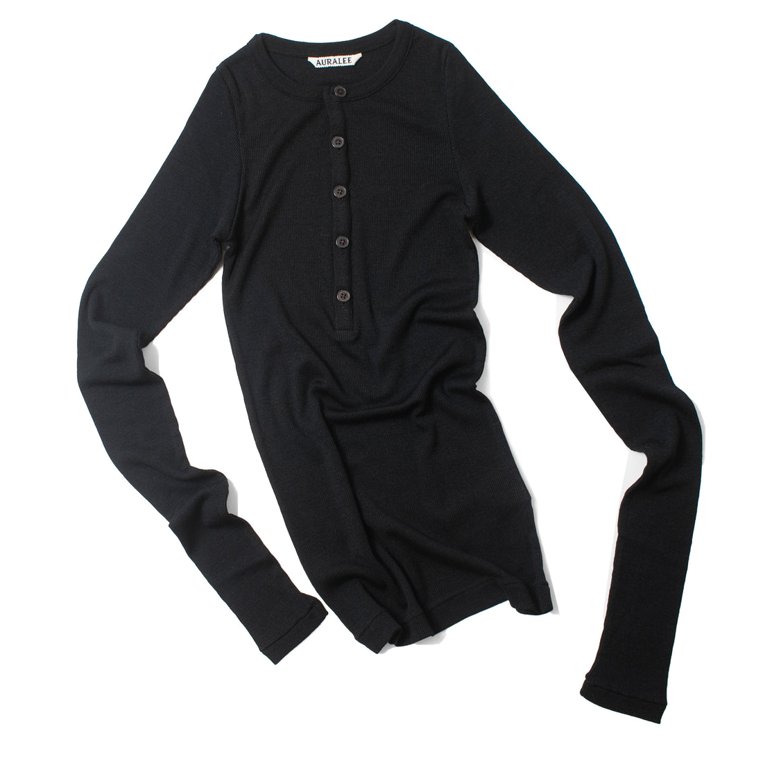 Auralee Wool Silk Soft Rib Henley in Black