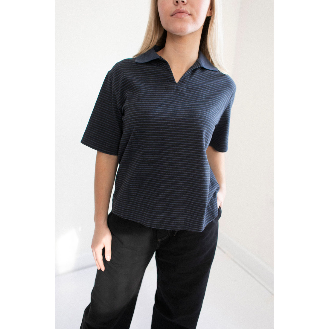 MHL. Boxy Polo in Indigo/Ink Dry Stripe Cotton Jersey