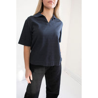 MHL. Boxy Polo in Indigo/Ink Dry Stripe Cotton Jersey