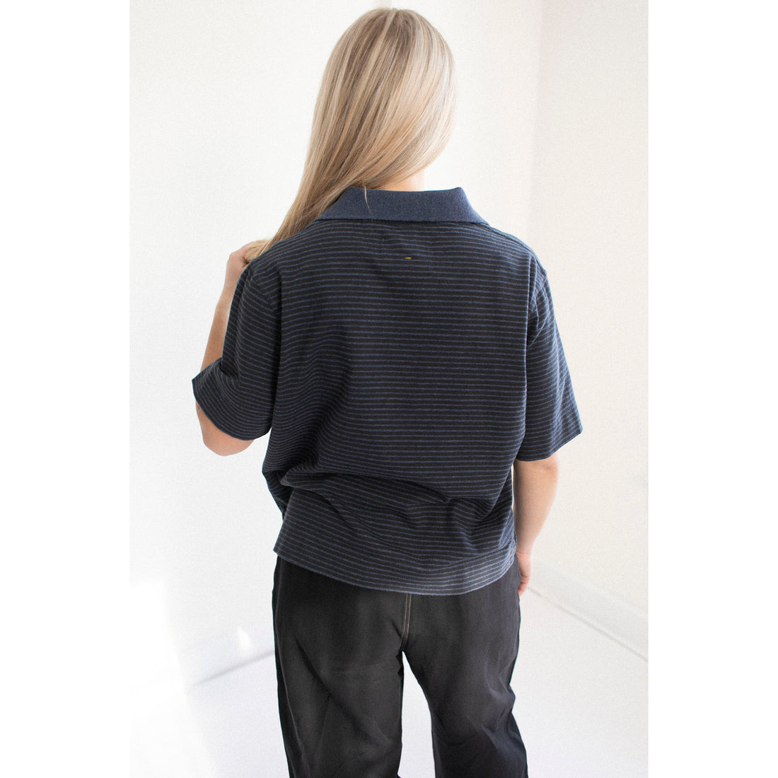 MHL. Boxy Polo in Indigo/Ink Dry Stripe Cotton Jersey