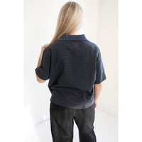 MHL. Boxy Polo in Indigo/Ink Dry Stripe Cotton Jersey