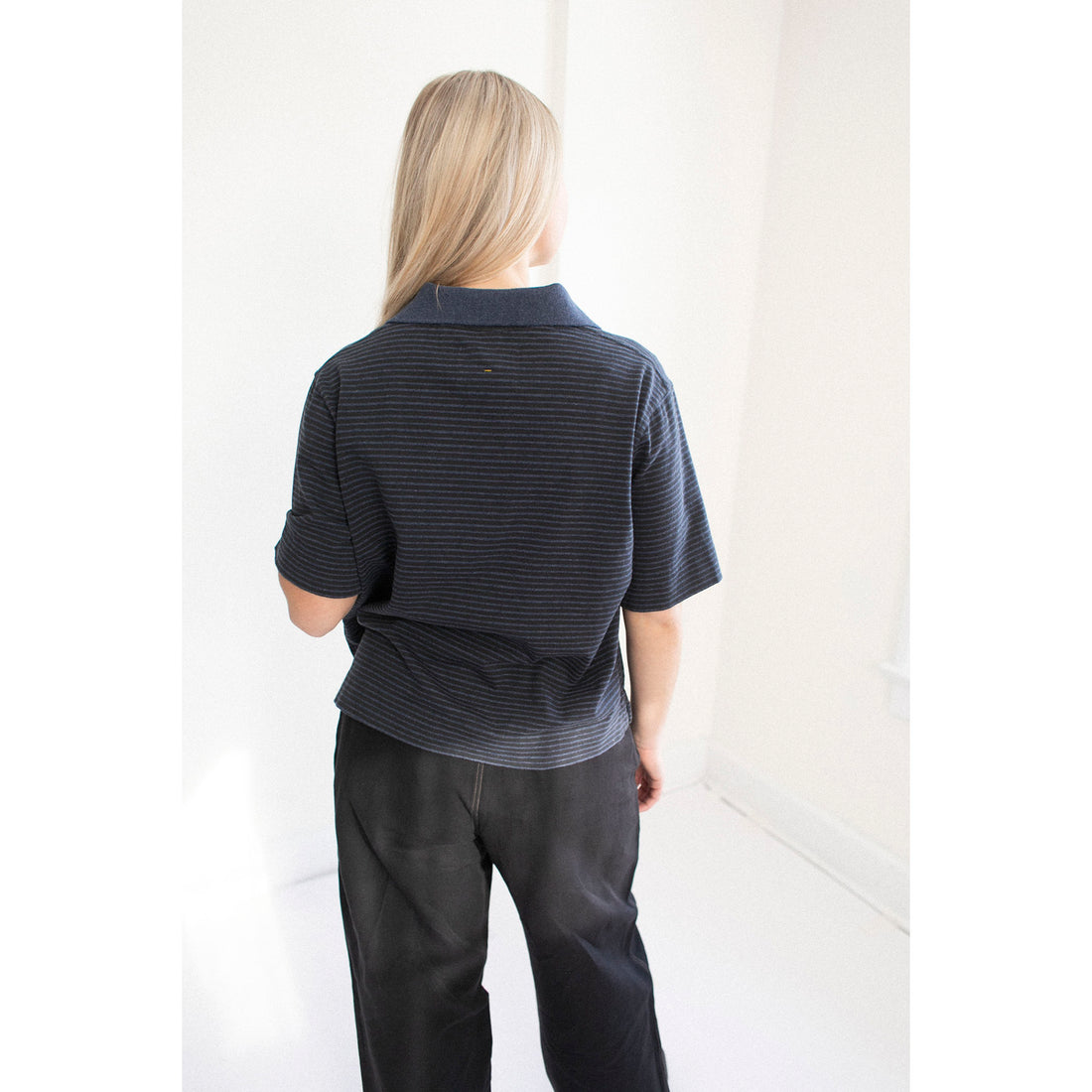 MHL. Boxy Polo in Indigo/Ink Dry Stripe Cotton Jersey