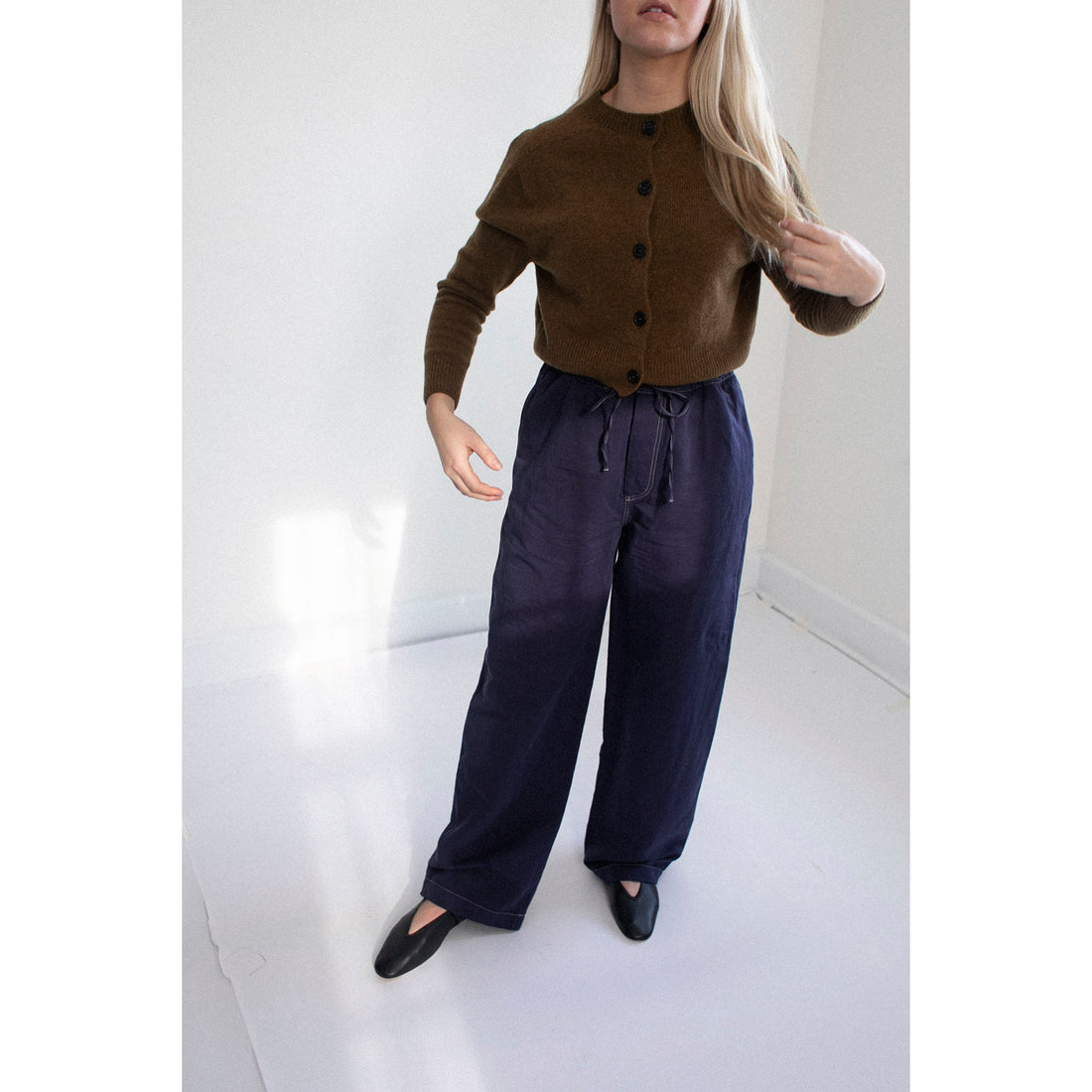 Margaret Howell Small Crew Neck Cardigan in Tobacco Merino Cashmere