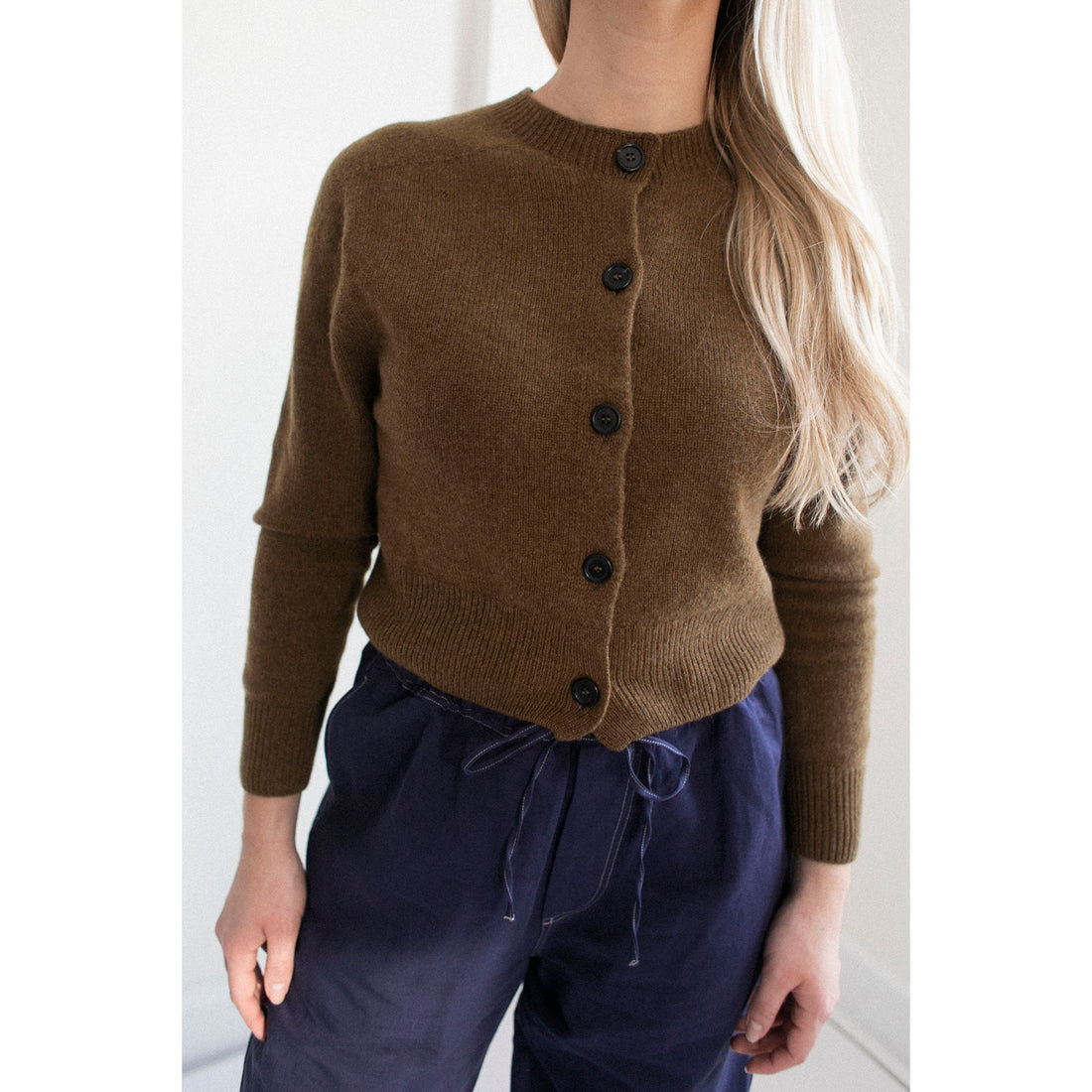 Margaret Howell Small Crew Neck Cardigan in Tobacco Merino Cashmere
