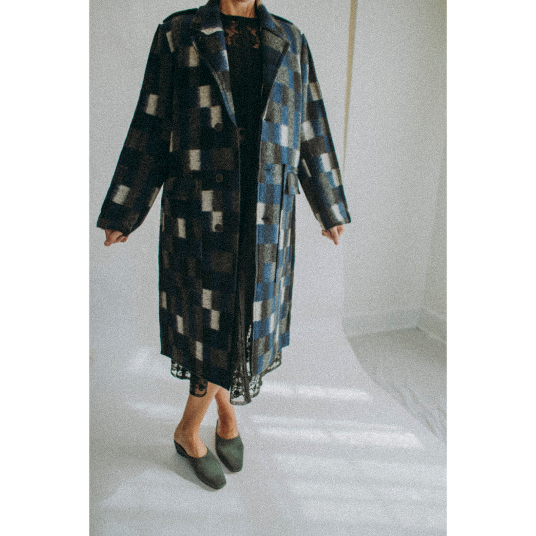 Henrik Vibskov Flat Coat in Brushed Black Squares