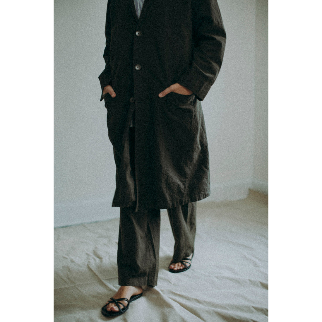 Black Crane Crinkled Coat in Charcoal