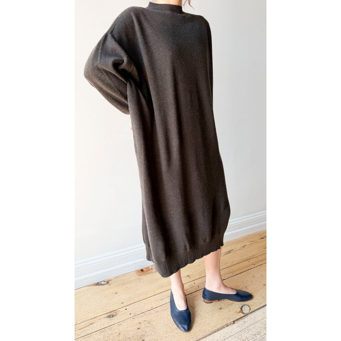 Pas de Calais Airy Merino Wool Patterned Panel Switch Dress in Khaki