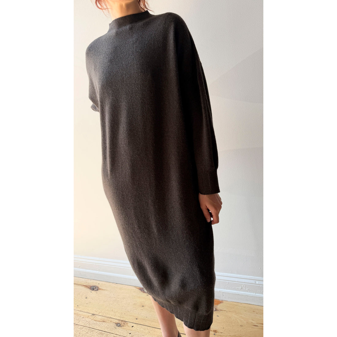 Pas de Calais Airy Merino Wool Patterned Panel Switch Dress in Khaki