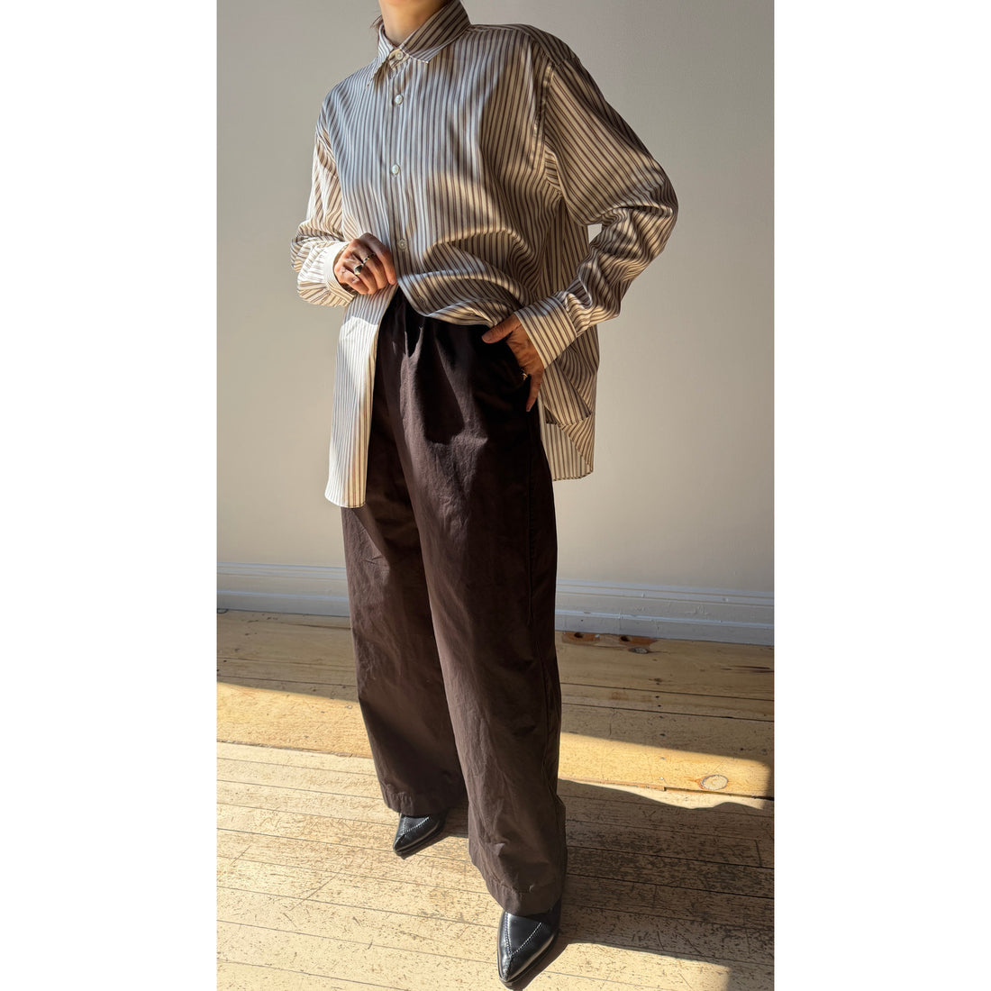 Auralee Cotton Silk Stripe Shirt in Red Brown Stripe