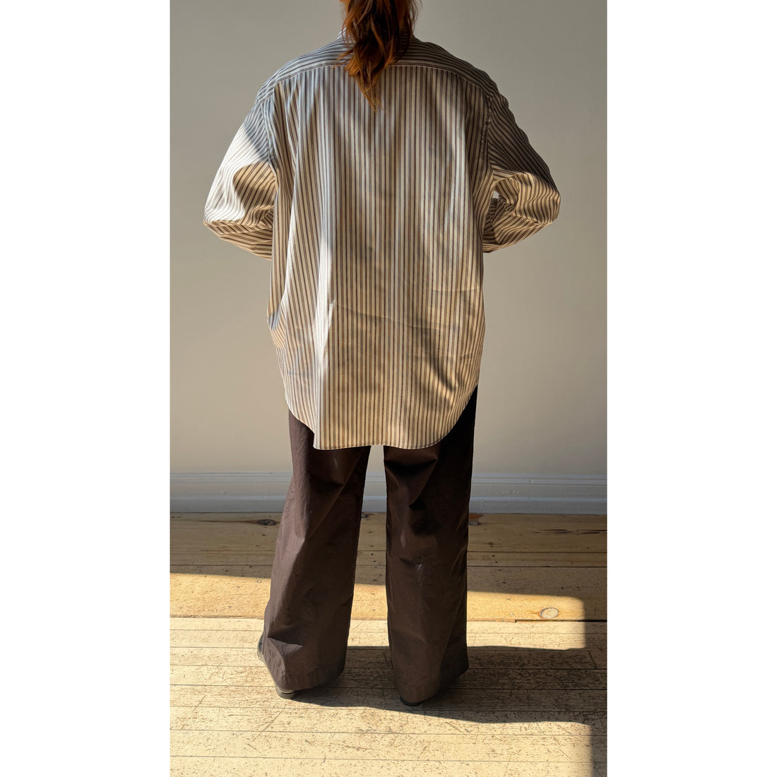 Auralee Cotton Silk Stripe Shirt in Red Brown Stripe