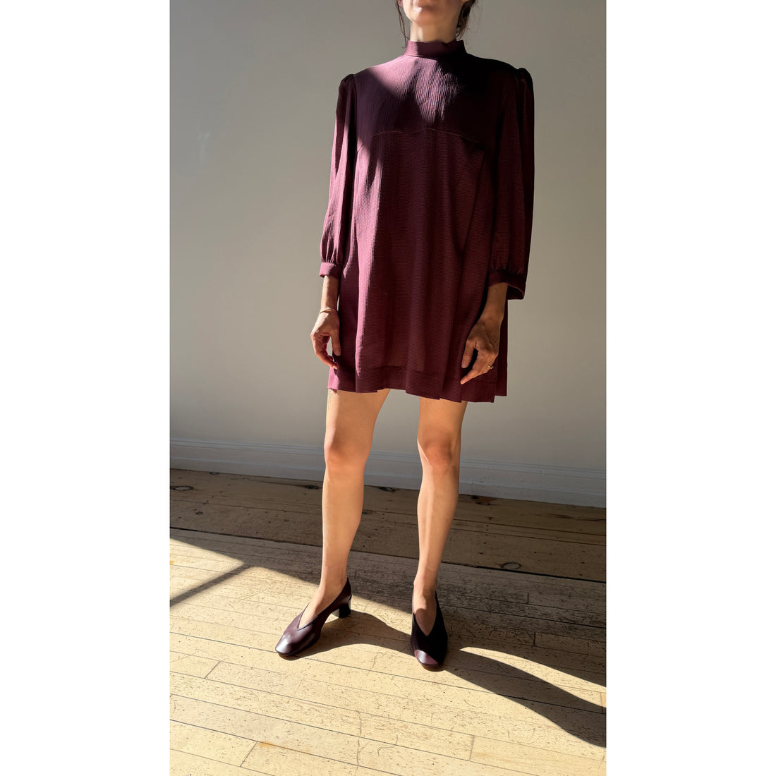 Carleen Smock Mini Dress in Mauve Microplaid