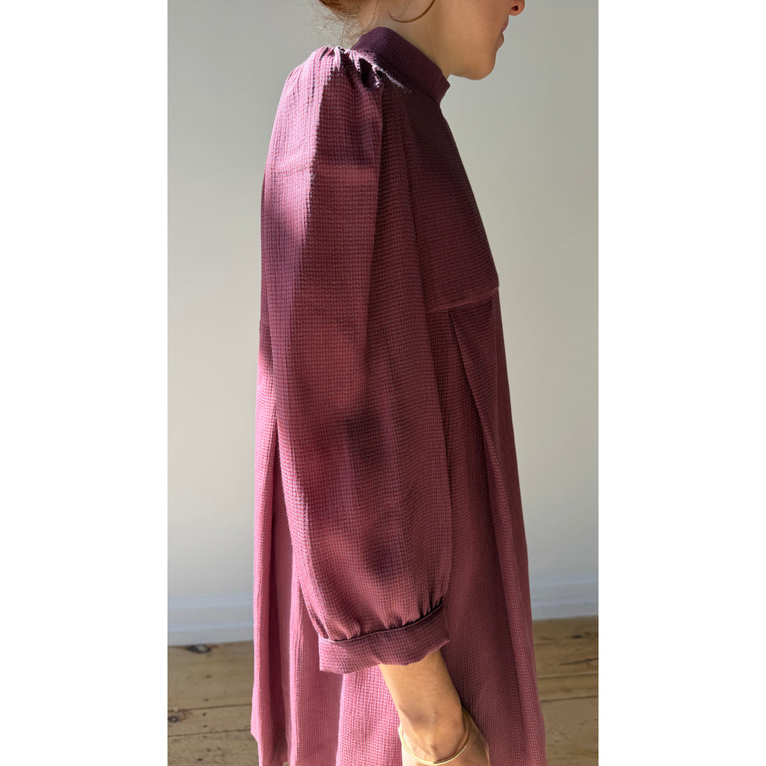 Carleen Smock Mini Dress in Mauve Microplaid
