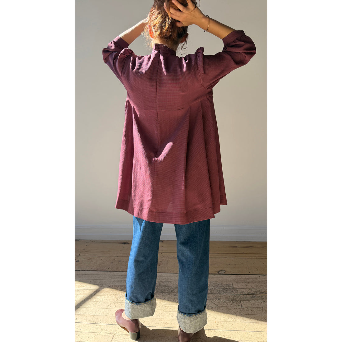 Carleen Smock Mini Dress in Mauve Microplaid