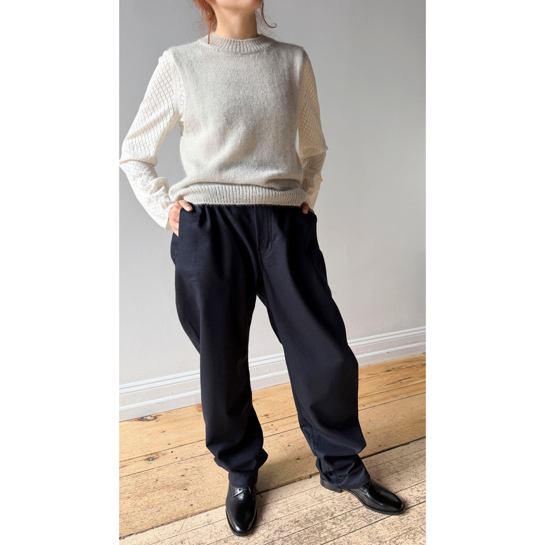 Margaret Howell Relaxed Crop Trousers in Navy Brushed Wool Twill