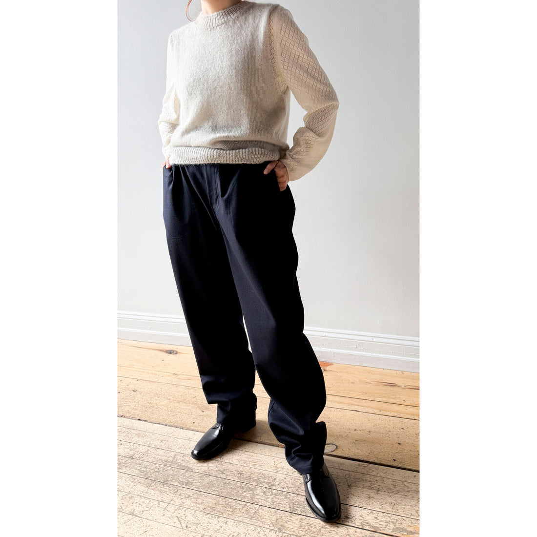 Margaret Howell Relaxed Crop Trousers in Navy Brushed Wool Twill