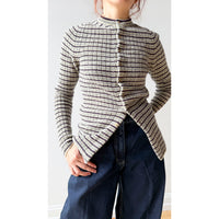 Auralee Shetland Wool Cashmere Cardigan in Lime Purple Stripe