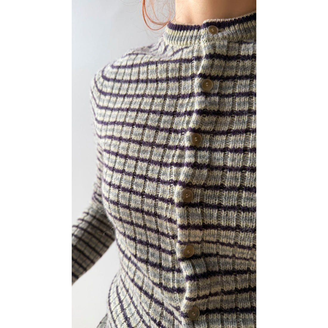 Auralee Shetland Wool Cashmere Cardigan in Lime Purple Stripe