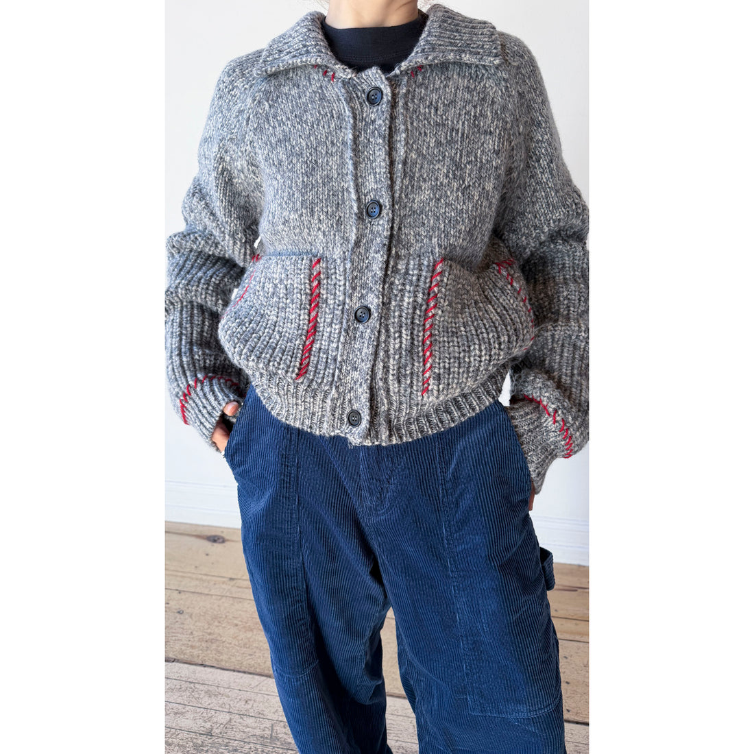Henrik Vibskov Stitch Cardigan in Red Stitch Grey Melange