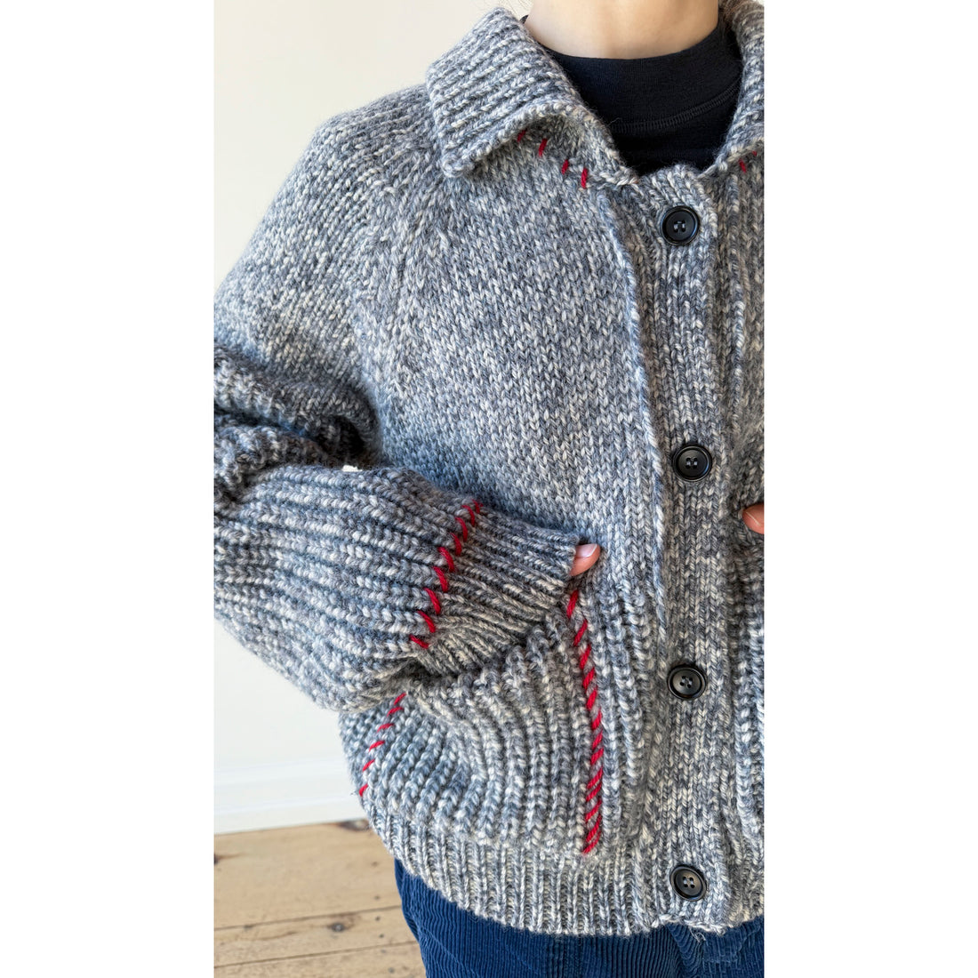 Henrik Vibskov Stitch Cardigan in Red Stitch Grey Melange
