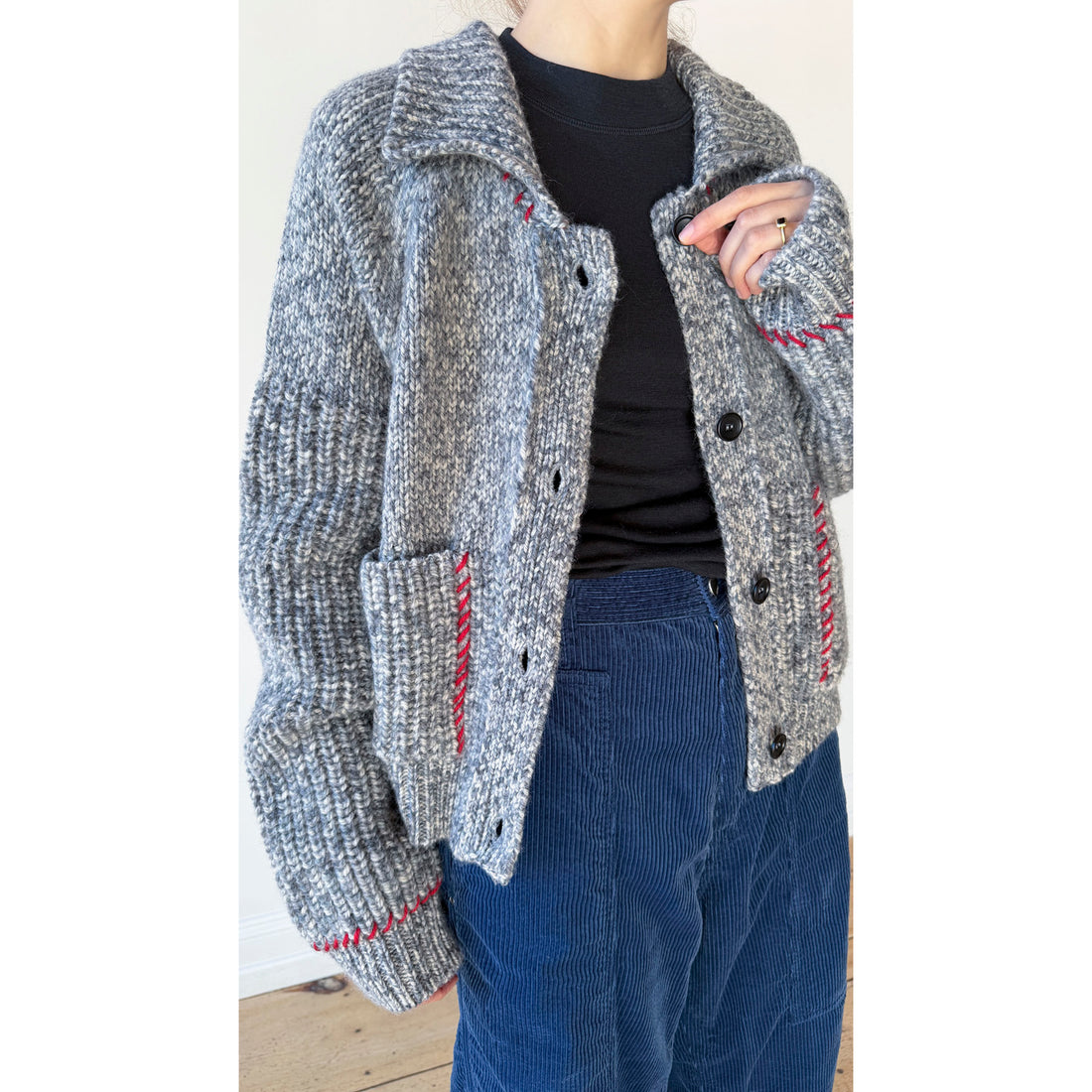 Henrik Vibskov Stitch Cardigan in Red Stitch Grey Melange