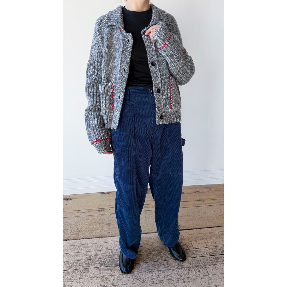 Henrik Vibskov Stitch Cardigan in Red Stitch Grey Melange