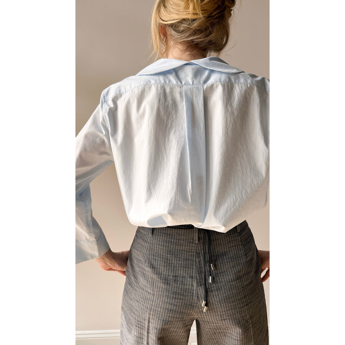 Margaret Howell Petal Collar Shirt in Pale Blue Washed Cotton