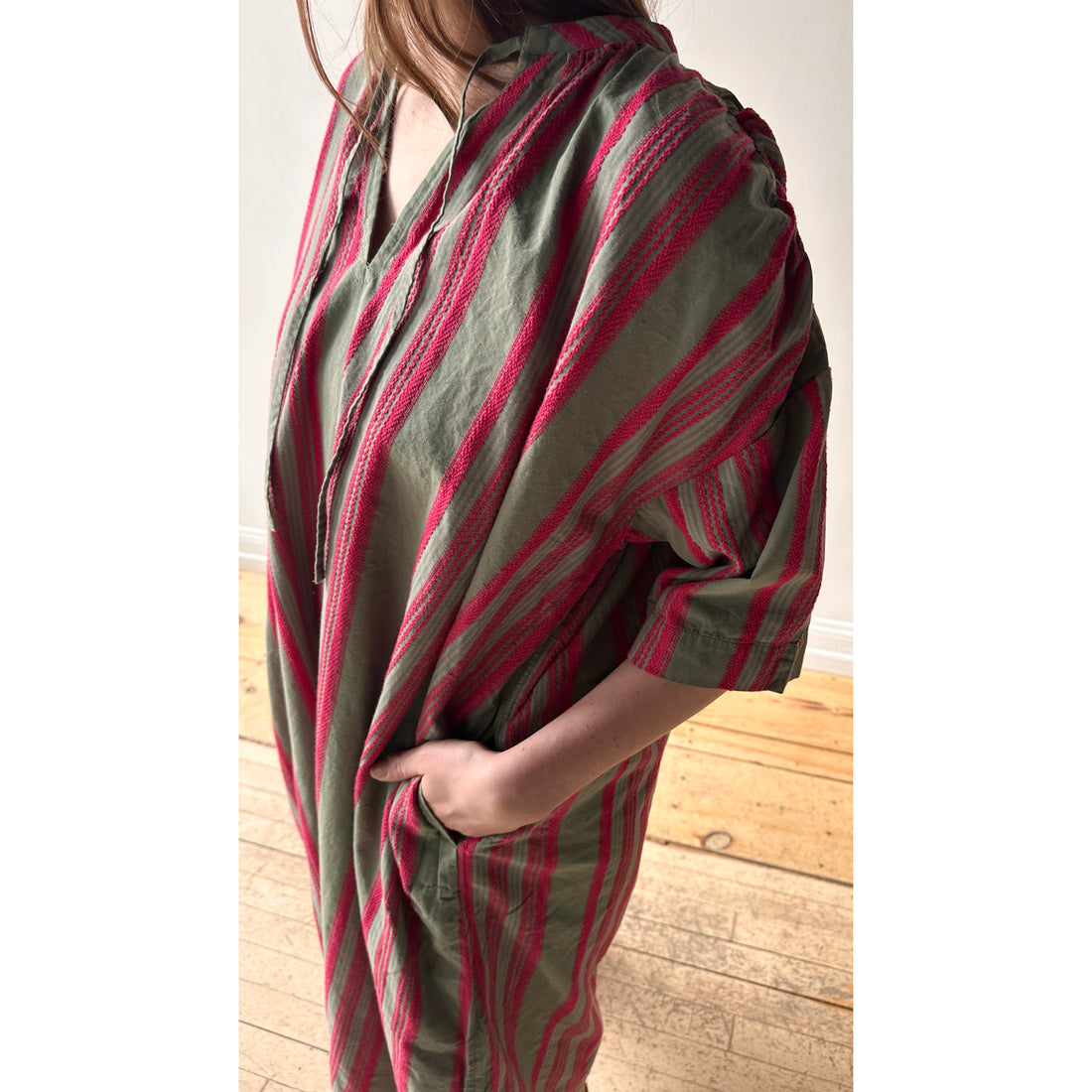 Ichi Antiquities Jacquard Stripe Woven Dress in Khaki x Pink