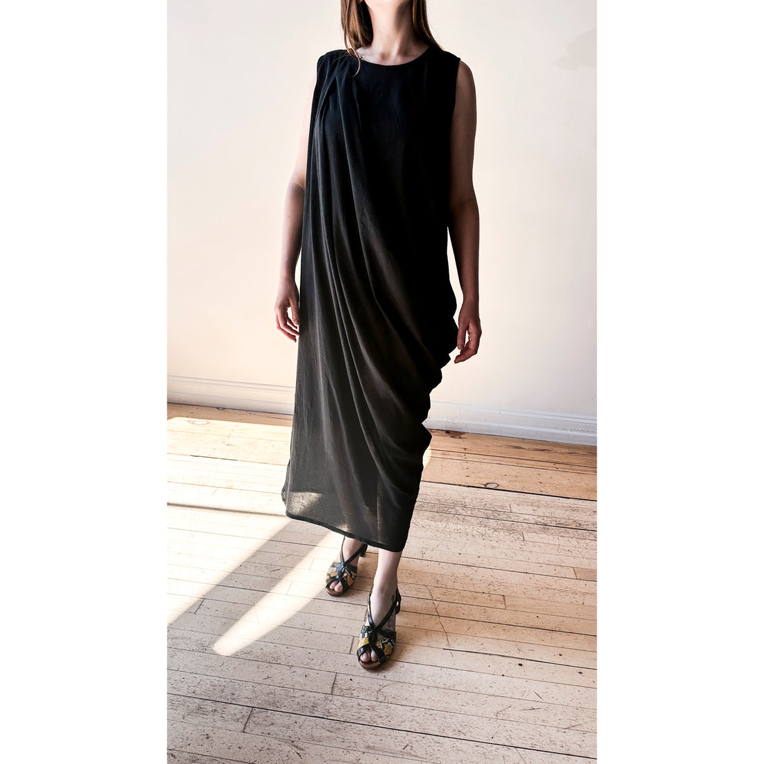 Black Crane Greek Column Dress in Sumi Black