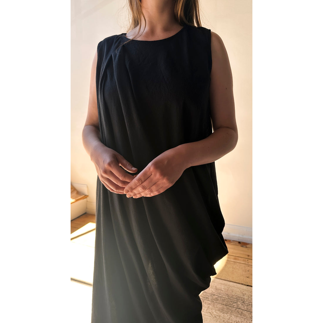 Black Crane Greek Column Dress in Sumi Black