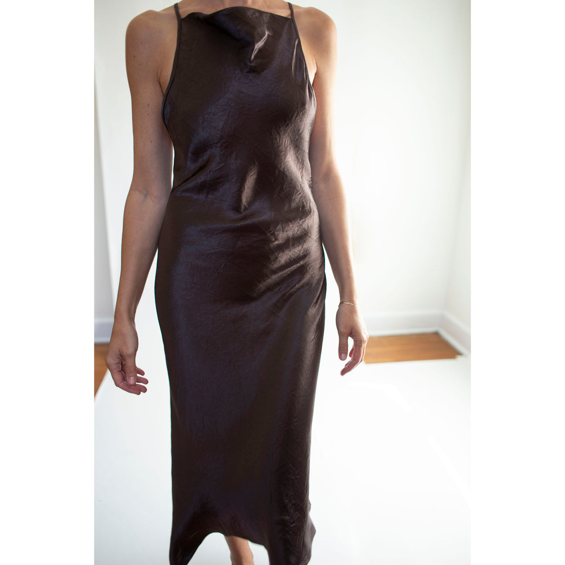 Nomia Crossback Halter Dress in Dark Brown