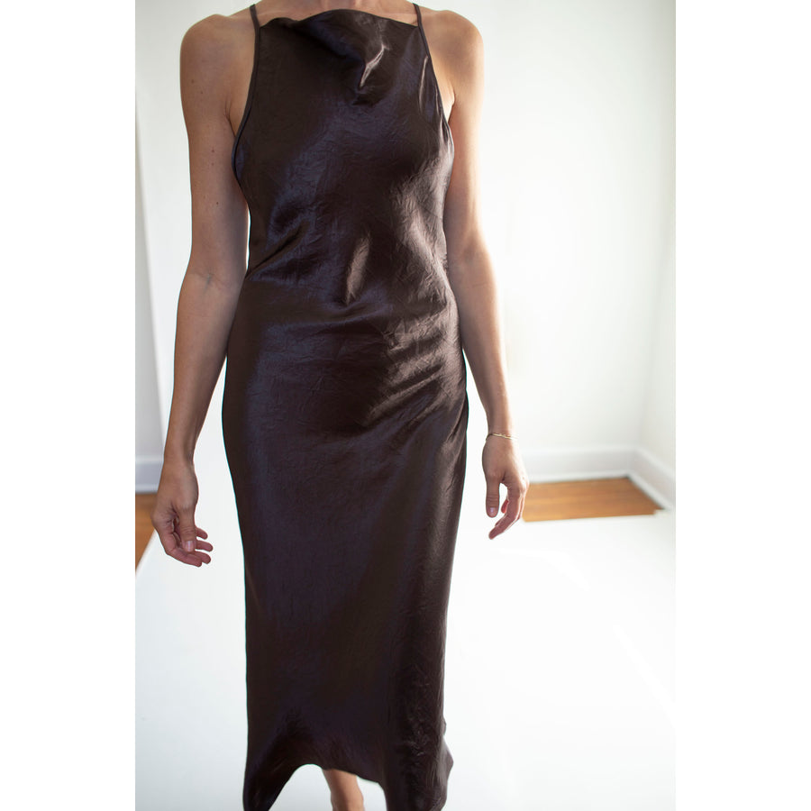 Nomia Crossback Halter Dress in Dark Brown