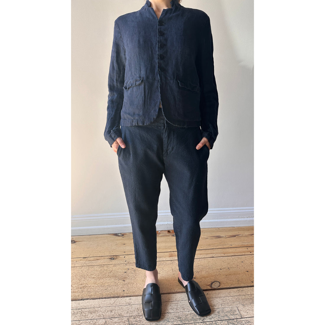 Pas de Calais Indigo Charcoal Dyed Linen Dobby Jacket in Navy