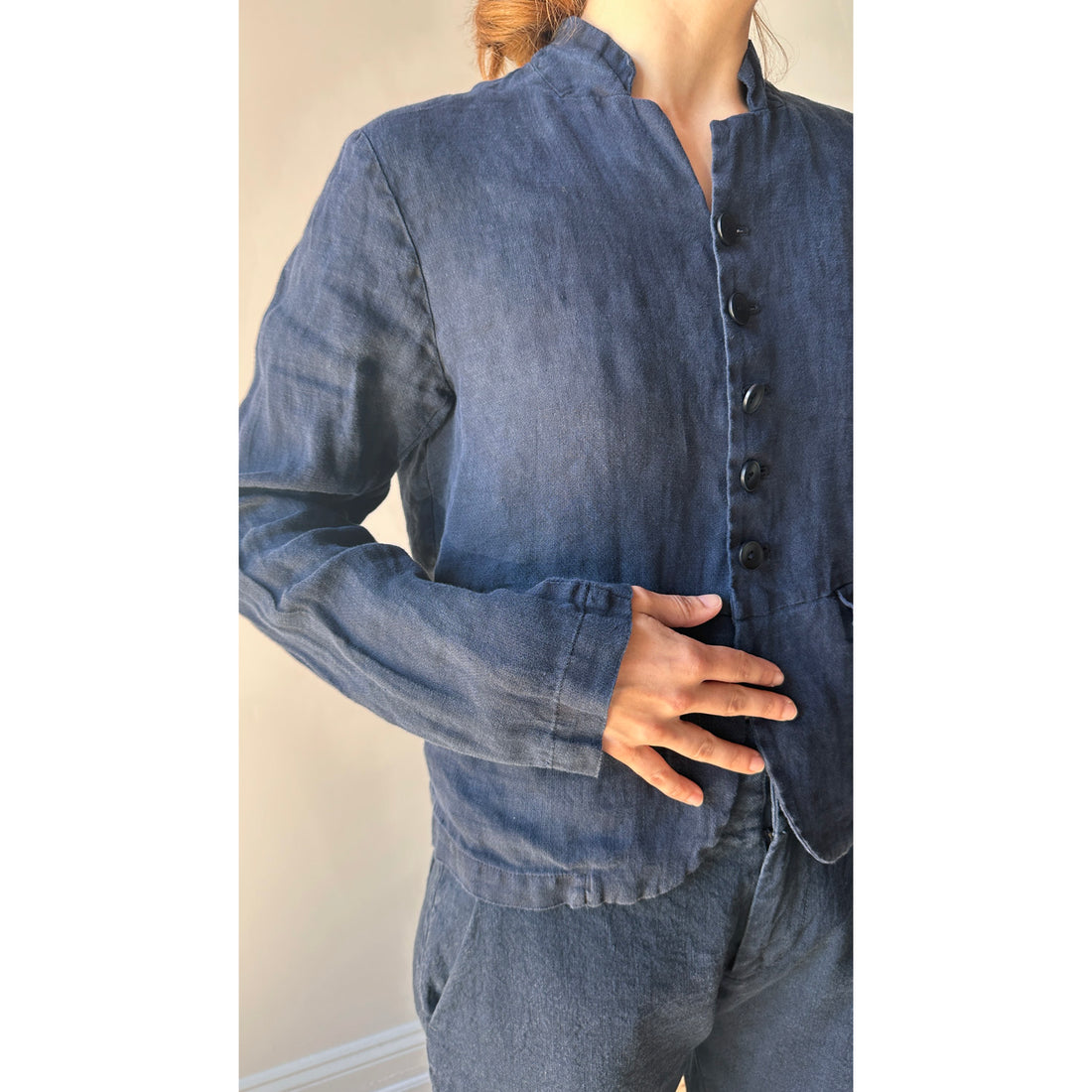Pas de Calais Indigo Charcoal Dyed Linen Dobby Jacket in Navy