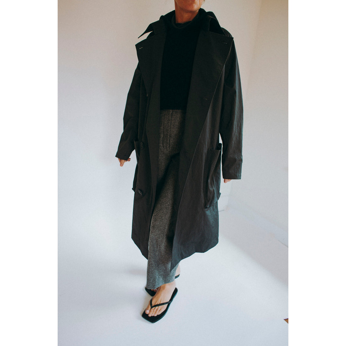 Grei Peaked Lapel Trench Coat in Charcoal