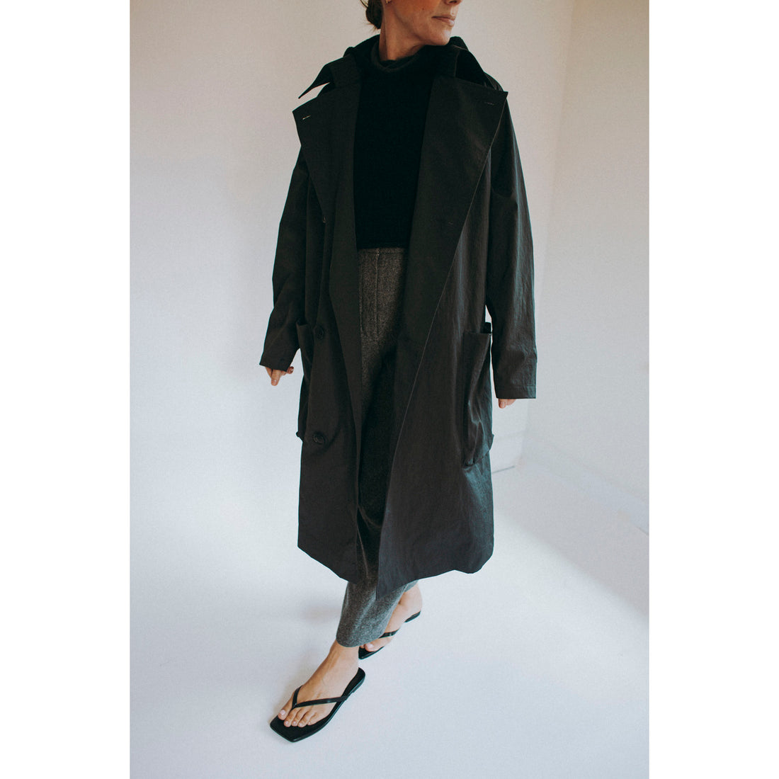 Grei Peaked Lapel Trench Coat in Charcoal