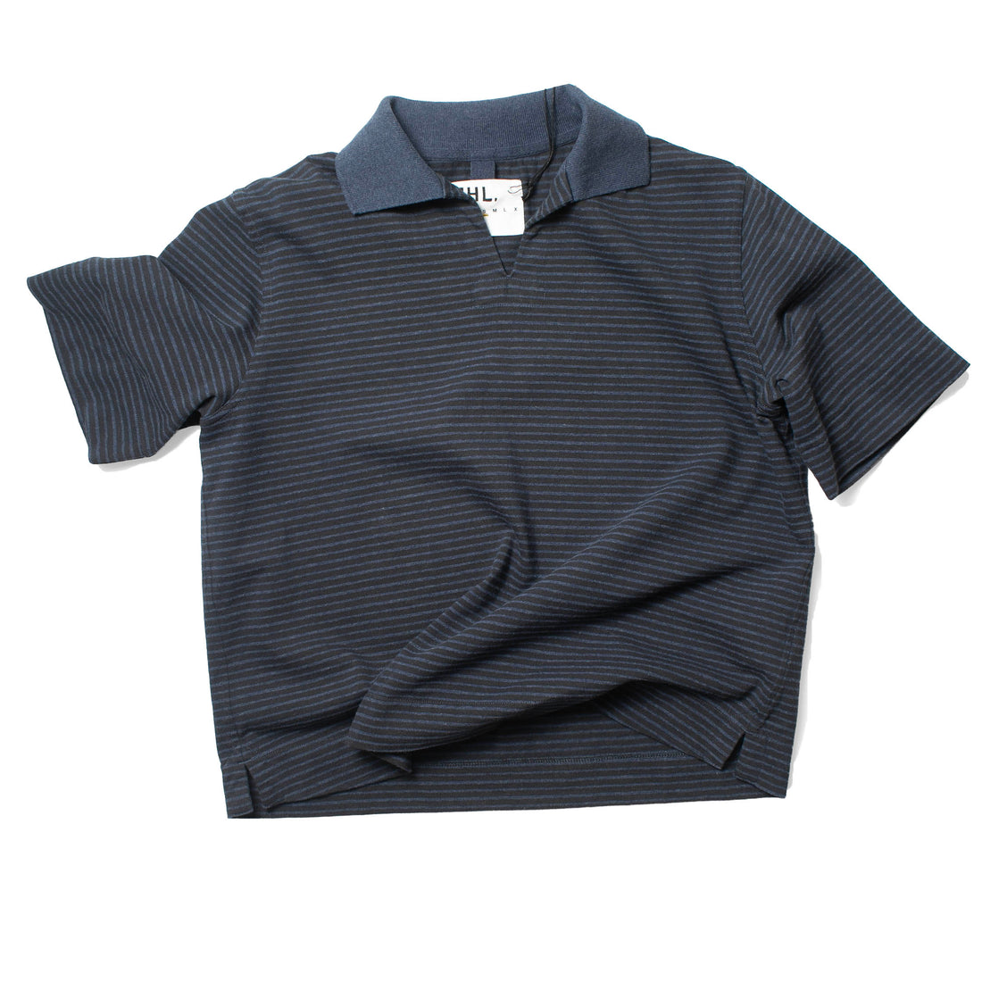 MHL. Boxy Polo in Indigo/Ink Dry Stripe Cotton Jersey