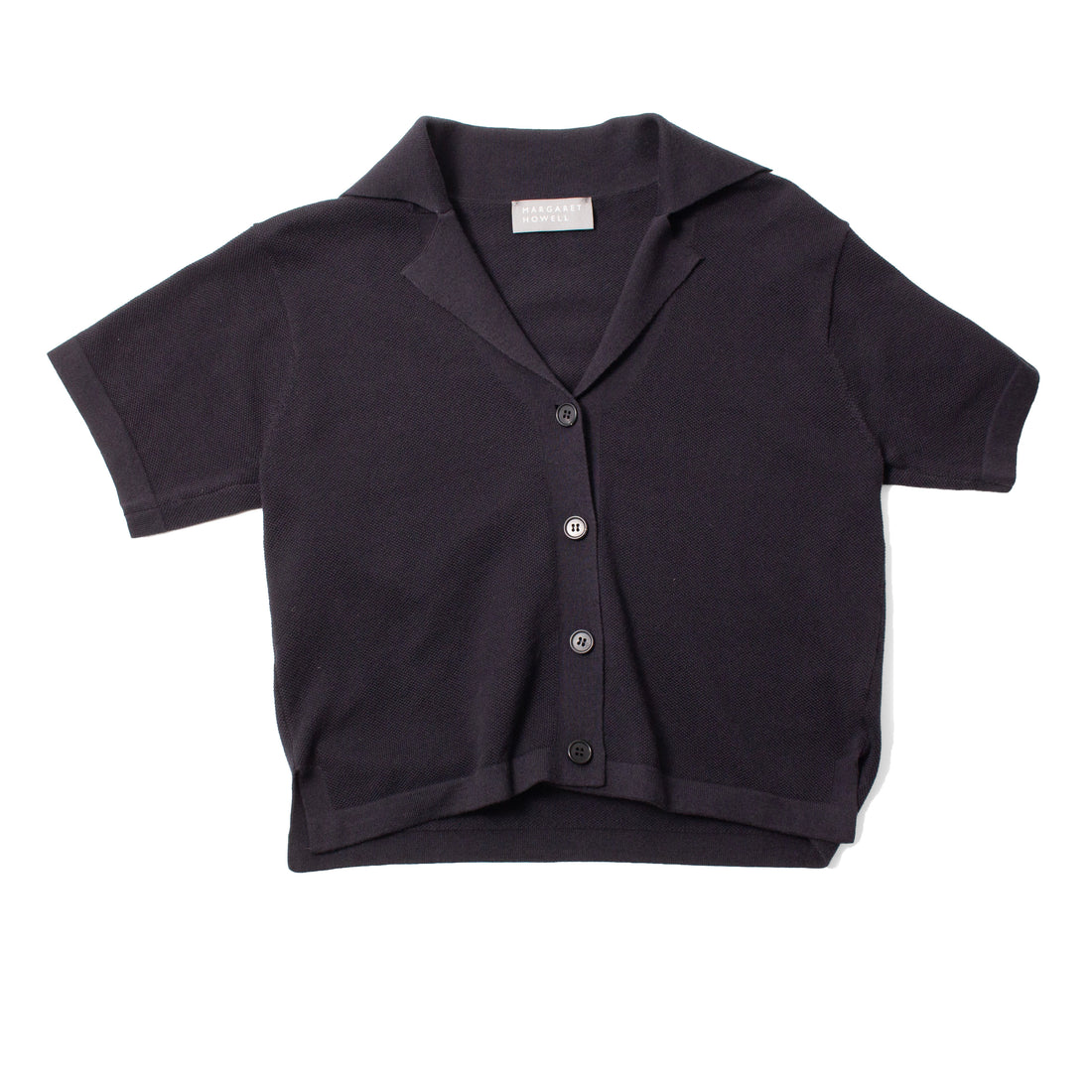 Margaret Howell Knitted Short Sleeve Shirt in Black Cotton Cashmere