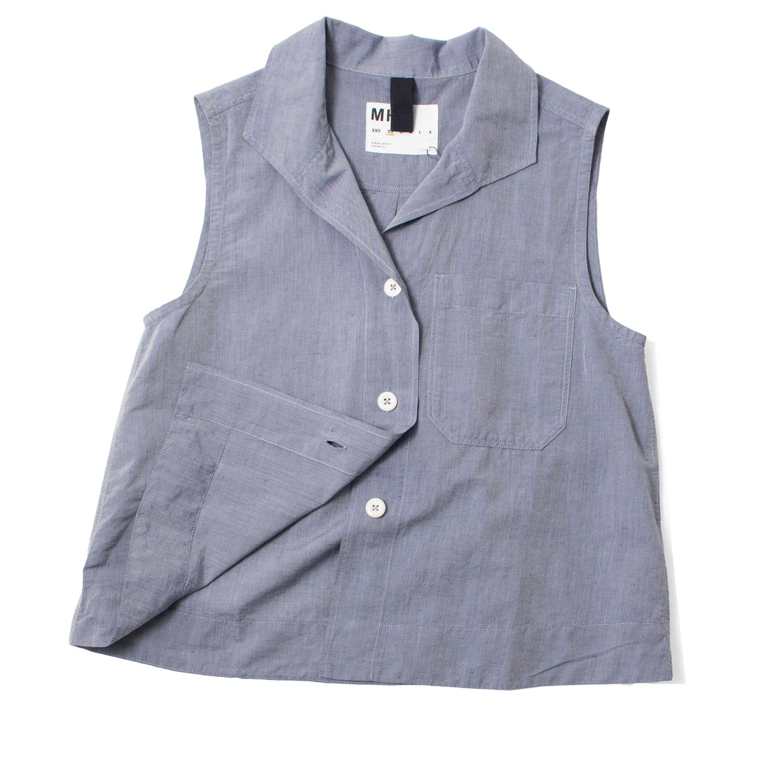 MHL. Sleeveless Sailor Shirt in Storm Blue Lightweight Cotton Linen