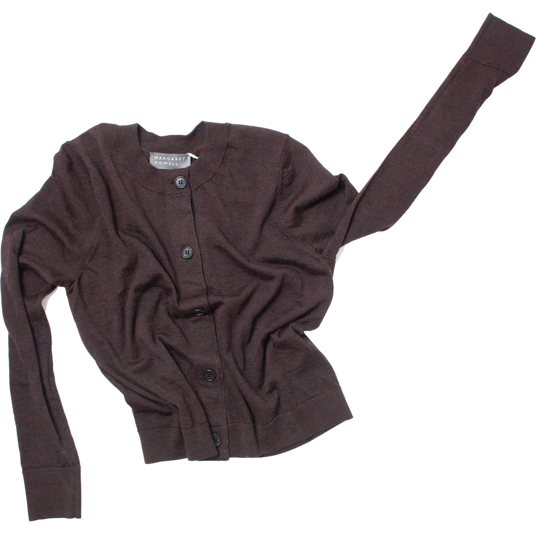 Margaret Howell Cardigan with Grosgrain Placket in Dark Brown