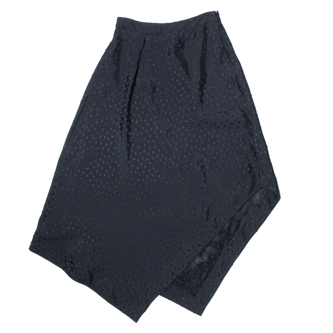 Nomia A-Line Asymmetric Skirt in Black Polka Dot Satin