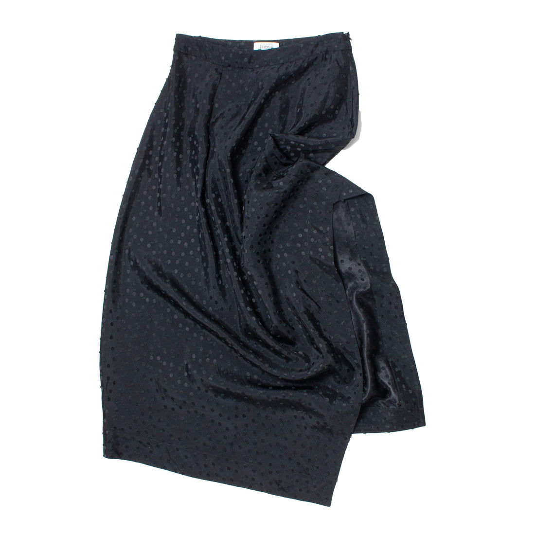 Nomia A-Line Asymmetric Skirt in Black Polka Dot Satin