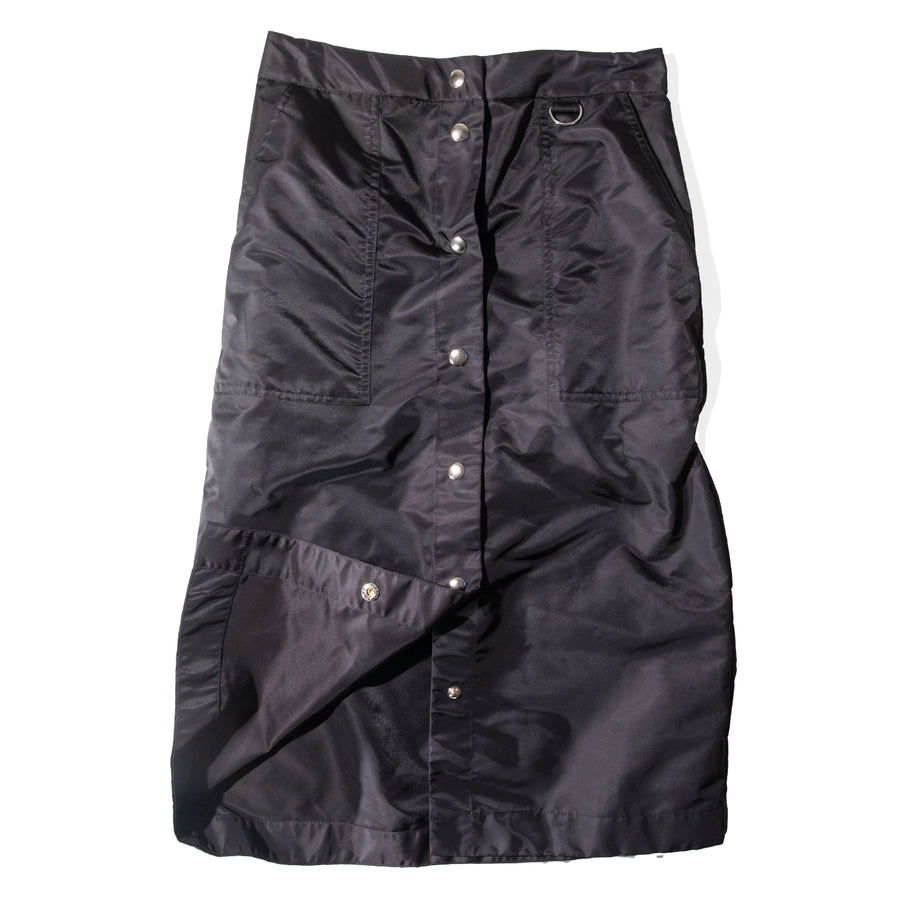 Nomia Snap Front Midi Skirt in Black Flight Satin