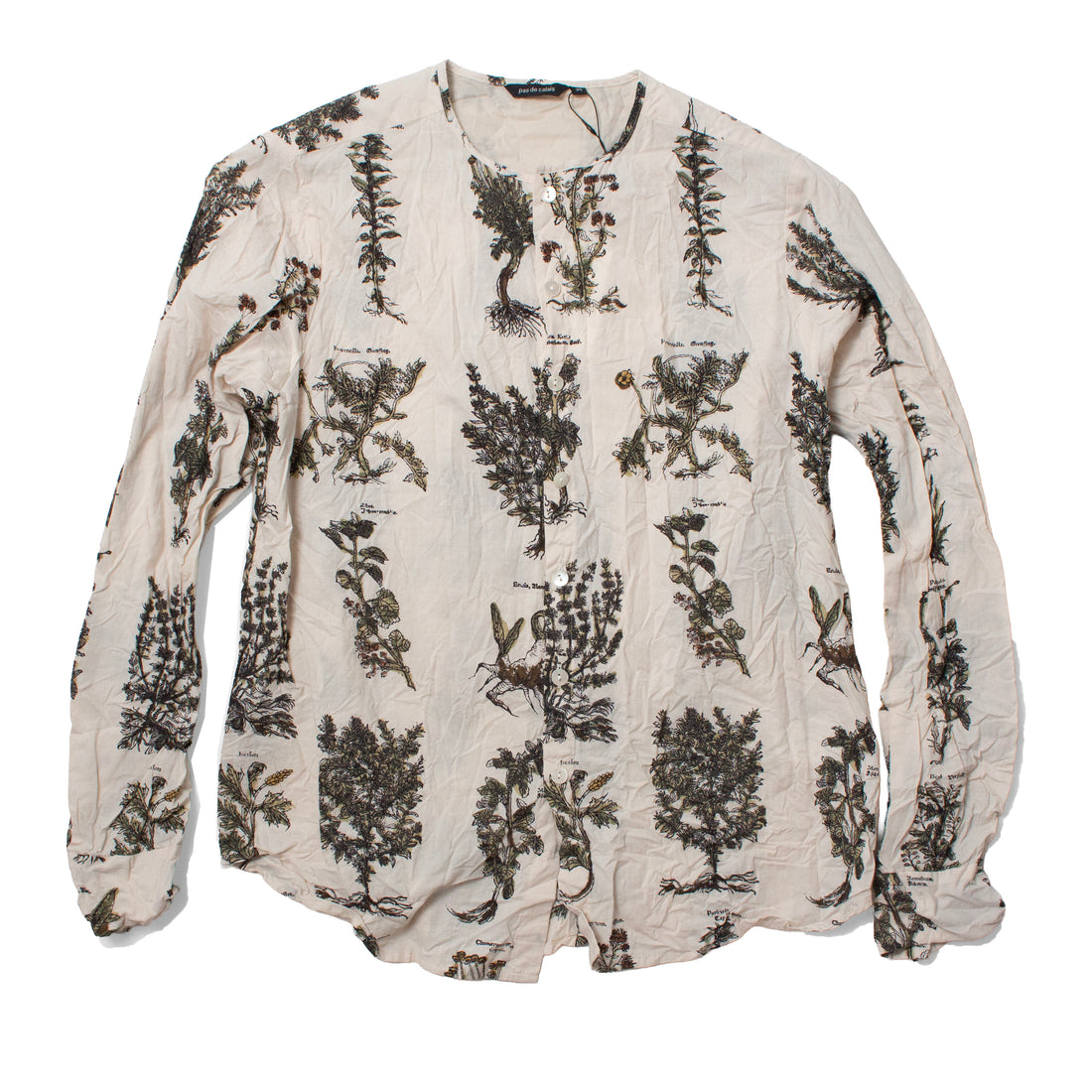 Pas de Calais Relax Herbal Print Ruffle Collarless Blouse in Ivory