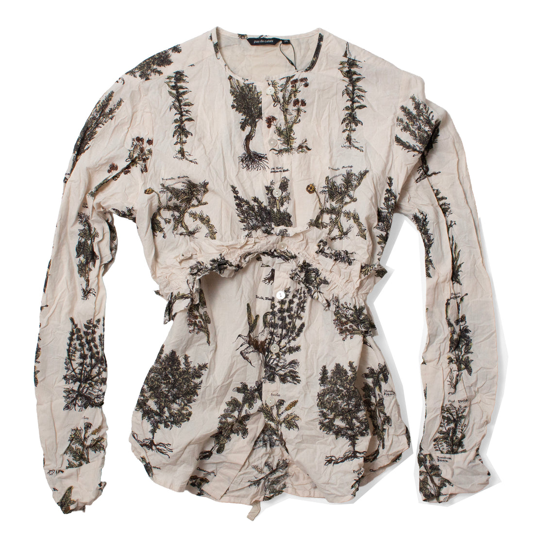 Pas de Calais Relax Herbal Print Ruffle Collarless Blouse in Ivory