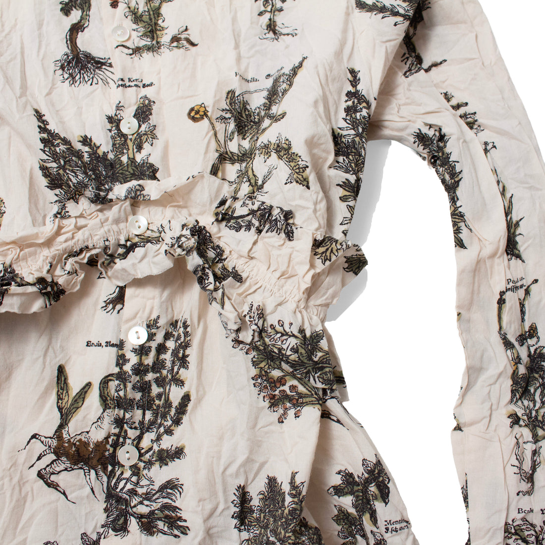 Pas de Calais Relax Herbal Print Ruffle Collarless Blouse in Ivory