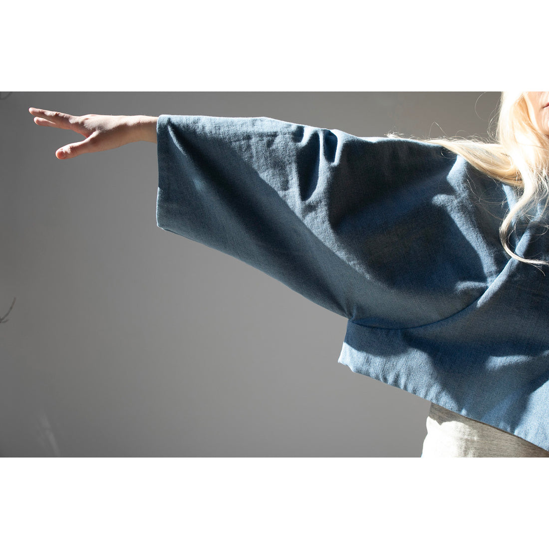 Kaarem Sponge Cropped Boxy Denim Jacket in Light Blue